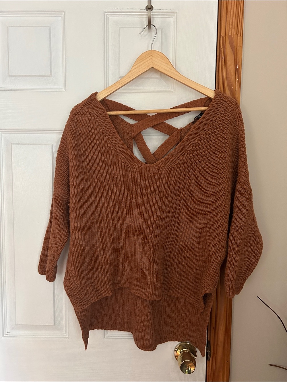 Express Rust Brown Crisscross Back V-Neck Sweater